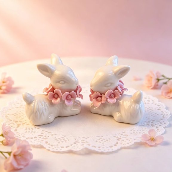 KGJQ 1 Pair Mini Ceramic Rabbit Figurine, Flower Necklace Rabbit Statue Ornament, Easter Bunny Tabletop Decoration for Home, Office, Living Room