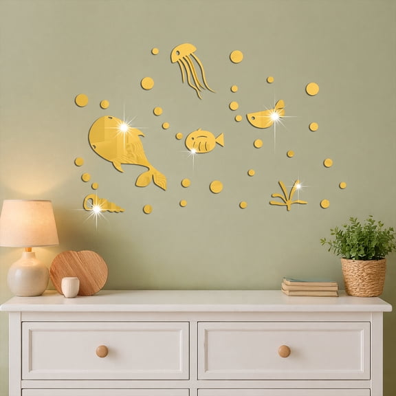 KGJQ 1 Set Marine Life Wall Decals, Acrylic Mirror Fish Conch Wall Stickers, Waterproof Self-Adhesive Whale Jellyfish Wall Decals for Living Room Bedroom Decor