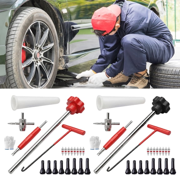 KGJQ 23Pcs Tire Valve Stem Tool Set, Quick Change Valve Installer Kit with TR413/TR414 Valve Stems, 4-Way Valve Core Stem Removal Tool for Cars Motorcycles