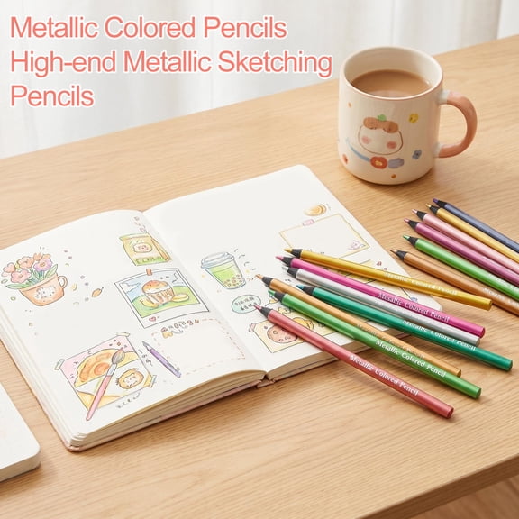 KGJQ 24PCS Metallic Colored Pencils Set, with Black Wood Barrel, Drawing Sketching And Art Illustration Supplies, for Adult Students