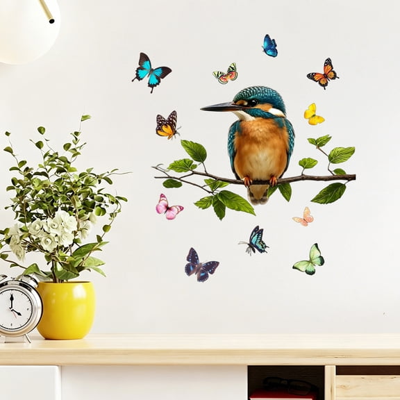 KGJQ 2Pcs Forest Style Static Window Clings, Colorful Bird Butterfly Branch Wall Stickers, Waterproof Removable Glass Decals for Bedroom Living Room Indoor Outdoor Decor