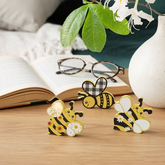 KGJQ 3 Pcs Wooden Bee Table Sign Spring Honey Bee Tabletop Block Sign Farmhouse Bee Centerpiece for Tiered Tray Home Mantel Shelf Desk Decor