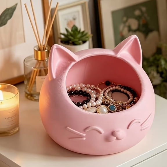 KGJQ 3D Printed Cat Head Pen Holder, Cute Desktop Storage Container, Wide Mouth Sundries Container for Keys Pens Makeup Brush Bracelets Rings Necklace