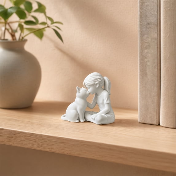 KGJQ 3D Printed Girl and Cat Statue, Cute Girl with Kitty Figurine Resin Desktop Decor, Modern Art Sculpture Ornament for Home Office Shelf Table Centerpiece, Unique Aesthetic Gift for Women Girls