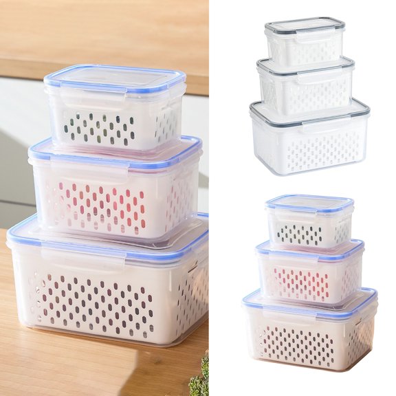 KGJQ 3PCS Crisper Box Airtight Food Storage Containers with Removable Drain Basket Stackable Meal Prep Containers for Fruits And Vegetables