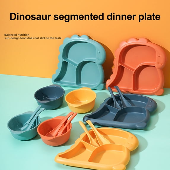 KGJQ 4Pcs/Set Dinner Plate Dinosaur-Shaped Divided Plate Including Bowl Spoon Fork Ergonomic Baby Feeding Utensils Easy to Clean Safe for Kids