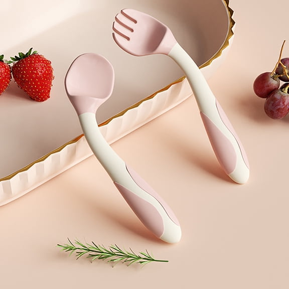 KGJQ Baby Training Fork And Spoon Set, Flexible Non-Slip Utensils, Rounded Edges Self-Feeding Baby Feeding Tools, for Left/Right Handed Toddlers