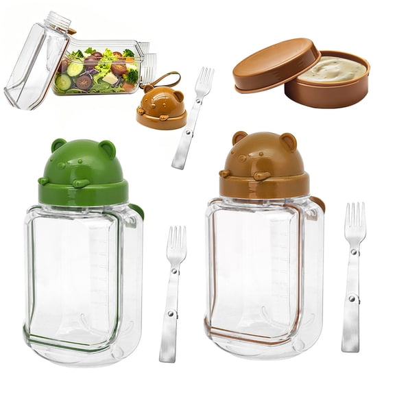 KGJQ Bear-Shaped Salad Jar with Built-In Fork Portable Plastic Container for Overnight Oats Fruit Leak-Proof Transparent Salad Container