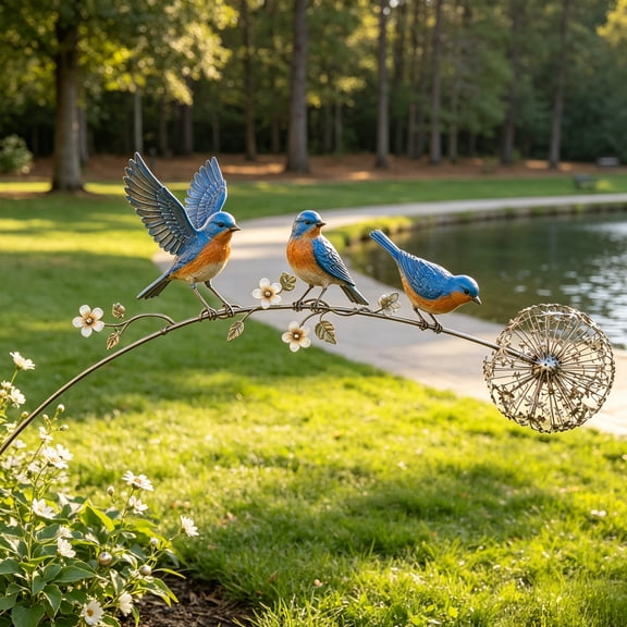 KGJQ Bird Floral Garden Stake, Rustic Metal Bird Yard Art Decorations with Dandelion Accent, Weather-Resistant Bird Garden Sculpture for Lawn Patio Flower Bed Backyard, Memorial Gift