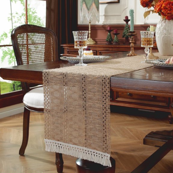 KGJQ Bohemian Table Runner, Rustic Fringed Table Runner, Ramie Woven Table Runner for Farmhouse Home Dining Table Decor