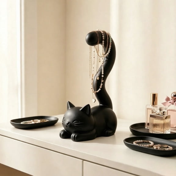 KGJQ Cat-Shaped Ring Stand, 3D Printed Cat Tail Jewelry Display Holder, Funny Animal Figurine Desktop Organizer for Home Office Decor