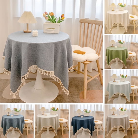 KGJQ Cotton Linen Tablecloth with Fringed Edges, Washable Solid Color Tablecloth with Tassels, Round Table Cover for Kitchen Dining Room