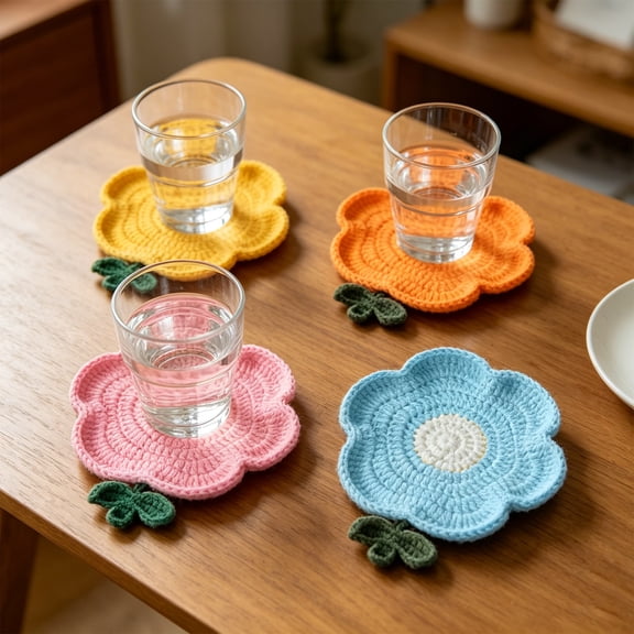 KGJQ Crochet Flower Coasters, Handmade Knitted Heat Resistant Cup Mats Table Placemats, Decorative Crochet Doilies for Tabletop Protection, Cute Home Decor Gifts
