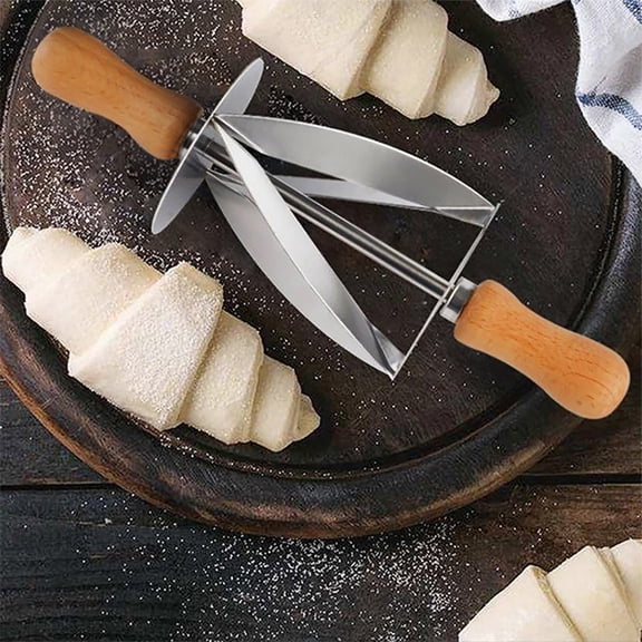 KGJQ Croissant Cutter Roller, Stainless Steel Pastry Triangle Dough Cutter with Wood Handle, Pie Crust Pizza Slicer for Baking, Bread Scoring Tool