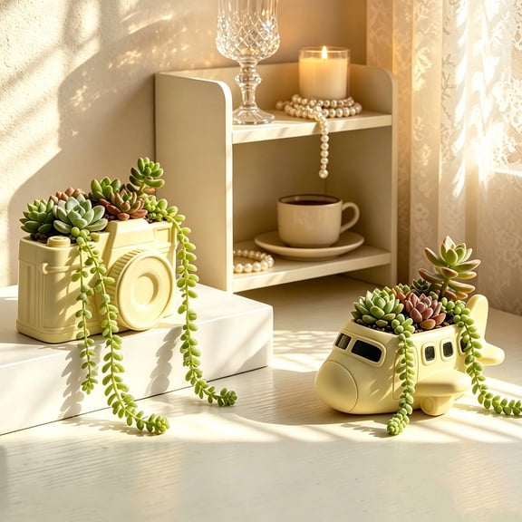KGJQ Cute Airplane Succulents Planter, Decorative Desktop Planter, Fun Camera Plant Pot for Cactus Small Houseplants