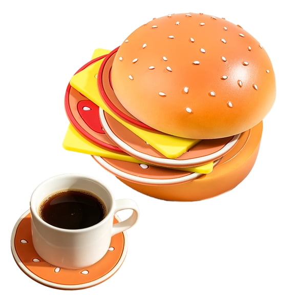 KGJQ Cute Hamburger Coasters for Drinks, Non Slip Table Coaster, Novelty Bun Cheese Tomato Pieces Food Themed Drink Cup Mat for Beverage, Beer, Wine, Coffee Tea
