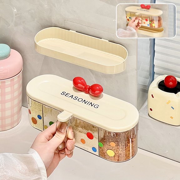 KGJQ Cute Spice Container with Press-Type Lid Multi-Compartment Seasoning Box Wall-Mounted Kitchen Organizer for Salt Sugar Condiments