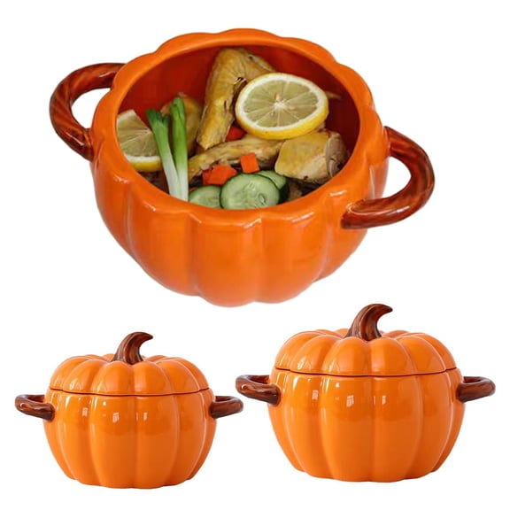 KGJQ Dutch Oven Pot with Lid, Pumpkin Pottery Dessert Saucepan, Double-Ear Mini Baking Dish, Cute Pumpkins Bowl, Ceramic Stockpot, Multipurpose Pumpkin-Shaped Casserole
