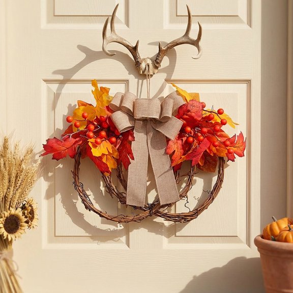 KGJQ Fall Artificial Maple Leaf Wreath for Front Door, Thanksgiving Rattan Garland with Berries And Burlap Bow for Autumn Harvest Door Wall Hanging Decor