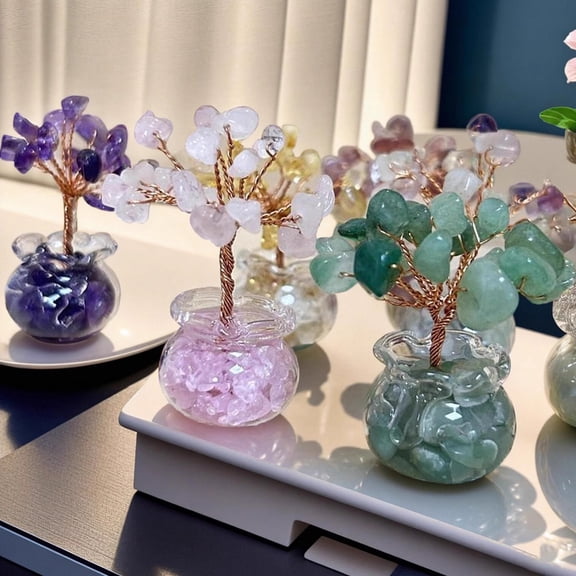KGJQ Faux Crystal Money Tree Figurine, Handmade Healing Natural Stone Wealth Tree Statue, Faux Gemstone Tree for Home Office Table Feng Shui Decor