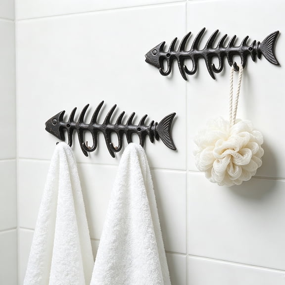 KGJQ Fish Bones Wall Mounted Towel Rack, Stylish Cast Iron Hanger with 4 Hooks for Towels Robes, Waterproof Rust-Resistant Nautical Home & Wall Decor