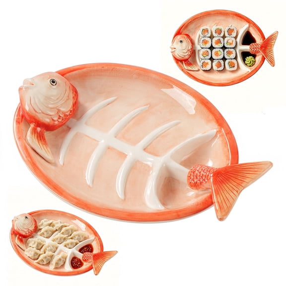 KGJQ Fish Shaped Ceramic Dumpling Plate, Sushi Serving Tray with Dip Sauce Grooves, Multifunctional Appetizer Platter for Party