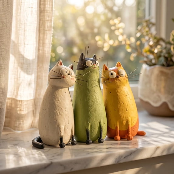 KGJQ Handmade Whimsical Cat Figurine Cute Small Resin Cat Sculpture for Desk Bookshelf Nightstand Home Decor Cat Lovers Gifts