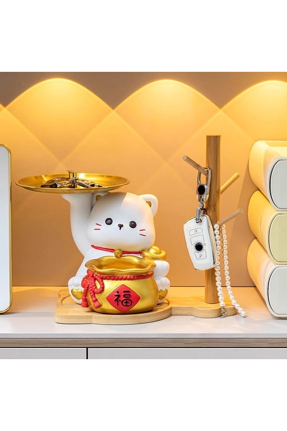 Lucky Cat Key Holder Tray for Entryway Table Resin Fortune Cat Tray with Wooden Stand Jewelry Hanging Organizer for Earrings Rings Bracelets Watches