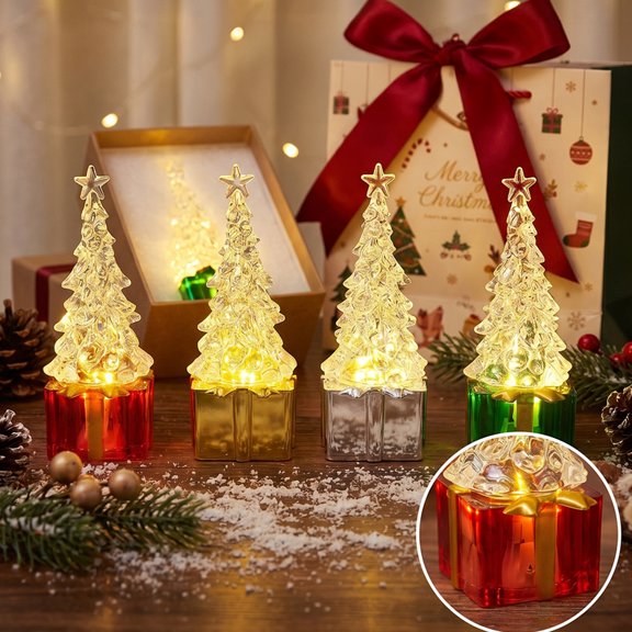 KGJQ Mini LED Light Up Faux Crystal Christmas Tree Figurine, Lighted Xmas Tree Table Centerpiece with Gift Box Base for Home Holiday Party Decor