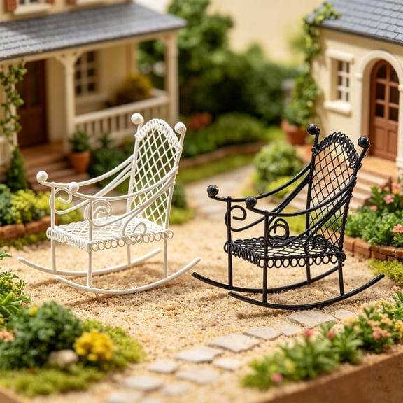 KGJQ Miniature Iron Rocking Chair Decor, Rustic Matte Black Mini Chair, Hand-Polished Functional Dollhouse Furniture with Curved Rocker Base for Fairy Gardens & Terrarium Displays