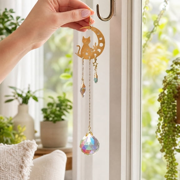 KGJQ Moon Cat Crystal Suncatcher, Hanging Garden Suncatchers, Crescent Moon Crystal Decoration for Window & Garden, Decorative Hanging Ornament