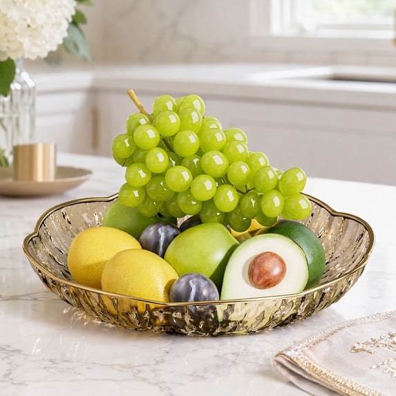 KGJQ Plastic Fruit Bowl with Gold Trim, Clear Fruit Basket, Modern Decorative Serving Bowl for Kitchen Counter, Dining Room, Coffee Table