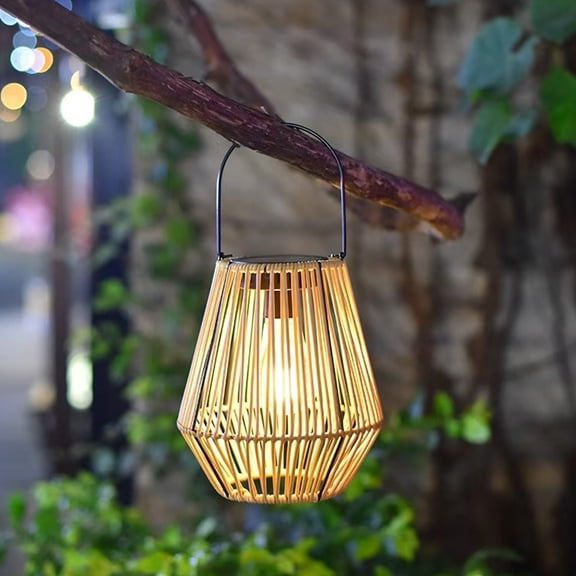 KGJQ Rattan Woven Solar Lantern, Outdoor Faux Rattan Solar Light, Rustic Waterproof Solar Powered Hanging Lantern for Garden Balcony Patio Porch Decor