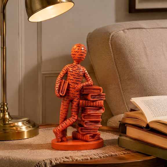 KGJQ Resin Book Lover Statue, Reader Sculpture Leaning on Stacked Book, Decorative Abstract Human Figurine for Bookshelf Office Bedroom & Library