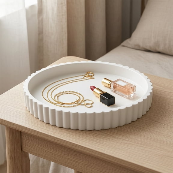 KGJQ Round Decorative Tray for Coffee, Dining Table, Countertop, 3D Printed Scalloped Edge Serving Tray for Farmhouse, Kitchen, Home, Living Room Decor