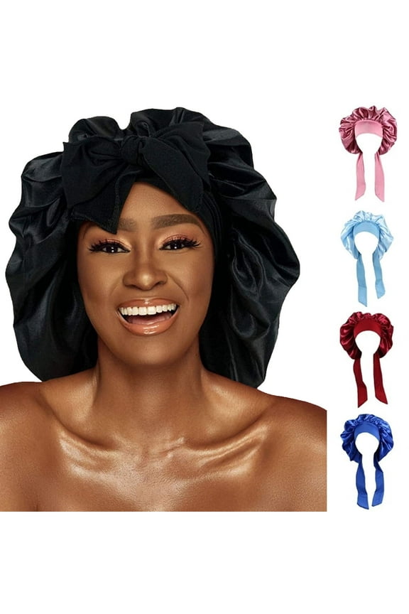 KGJQ Satin Non-Slip Imitation Silk Sleep Cap with Tie Band, Black
