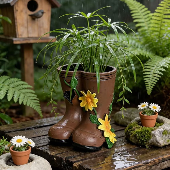 KGJQ Small Rain Boots Planter Pot Rustic Cute Boot Flower Pot with Drainage Hole for Succulents Herb Flowers Decorative Table Centerpiece for Mom Housewarming Gifts