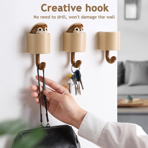 KGJQ Squirrel Adhesive Wall Hook, Retractable Cartoon Animal Key Hanger, Decorative No Drilling Hook for Entryway Kitchen Bathroom