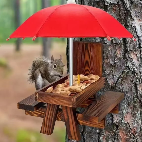 KGJQ Squirrel Feeder with Umbrella, Squirrel Feeders for Outside, Squirrel Picnic Table Feeder, Chipmunk Feeder Hold Corn, Corn Cob, Peanut for Garden Yard Patio Tree Decor