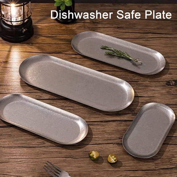 KGJQ Stainless Steel Serving Tray Retro Japanese Style Oval Dessert Plate for Camping Rustic Towel Holder Dish for Home Kitchen Heavy Duty Metal Platter