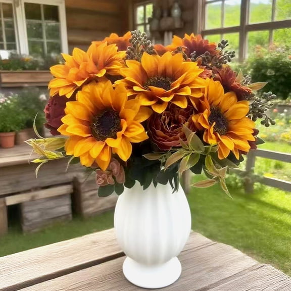 KGJQ Sunflower Artificial Flowers, Realistic Fake Bouquet for Wedding Home, Rustic Silk Fabric Floral Arrangements for Vase Centerpiece, Fall Decor