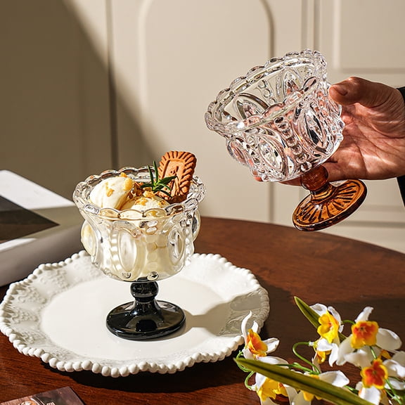KGJQ Vintage Glass Dessert Cup, Embossed Glass Ice Cream Bowl, Thickened Footed Sundae Bowls for Ice Cream, Yogurt, Parfait, Trifle, Fruit, Party Serving
