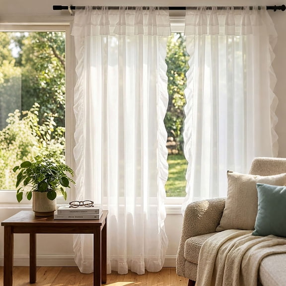 KGJQ White Ruffled Curtain Panel, 39 Inch x 51 Inch Balcony Window Curtain, Light Filtering Window Curtain Panel for Living Room Bedroom