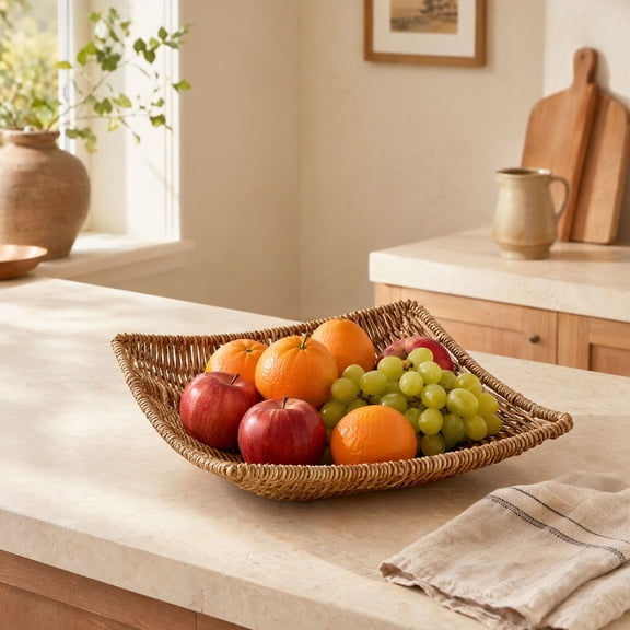 KGJQ Wicker Serving Basket, Imitation Rattan Woven Fruit Bowl for Fruit, Vegetables, Snacks, Candy, Keys, Kitchen Countertop Centerpiece