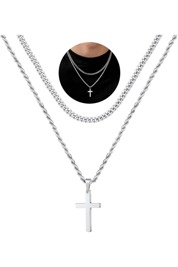 Easter Basket Stuffers - Cross Necklace for Men, Gold Black Silver Mens Cross Necklaces Stainless Steel Cross Pendant Necklace Simple Jewelry Gifts Cross Chain Necklaces for Men