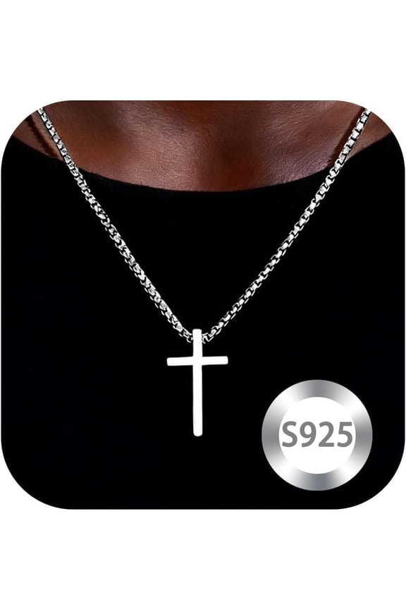 Sterling Silver Cross Necklace for Men Cross Pendant Necklaces 16-24 Inch Box Chain Mens Jewelry Gift