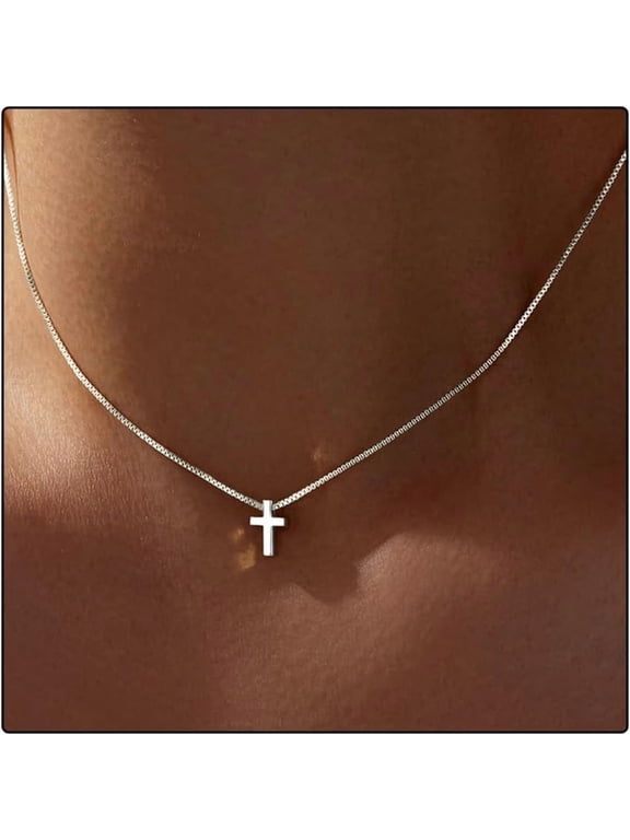 Tiny Mini Cross Necklace, Silver Shiny Choker Pendant Box Chain for Women