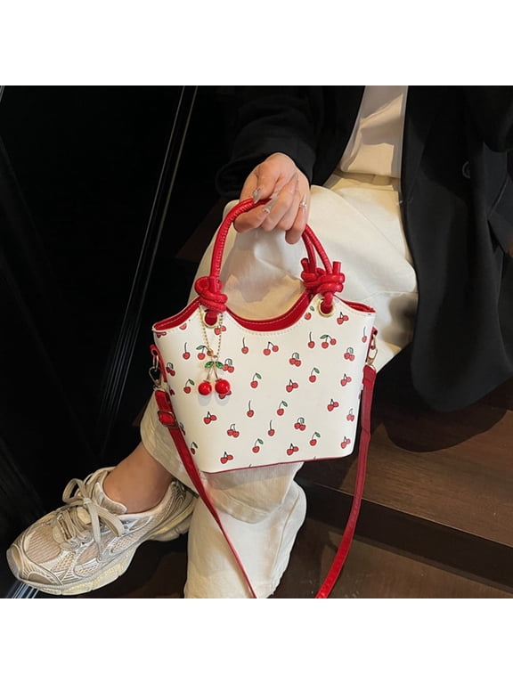 KGOTA PU Leather Cherry Bucket Bag for Women, Cute Mini Top Handle Handbag with 3D Cherry Pendant, Adjustable Strap Crossbody Shoulder Satchel, Lightweight Fashion Purse for Daily Use 9.06" (Red)
