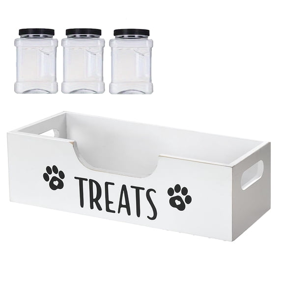 KGOTA Wooden Pet Snack Storage Box With Plastic Treat Jar Food Storage Holder (White)