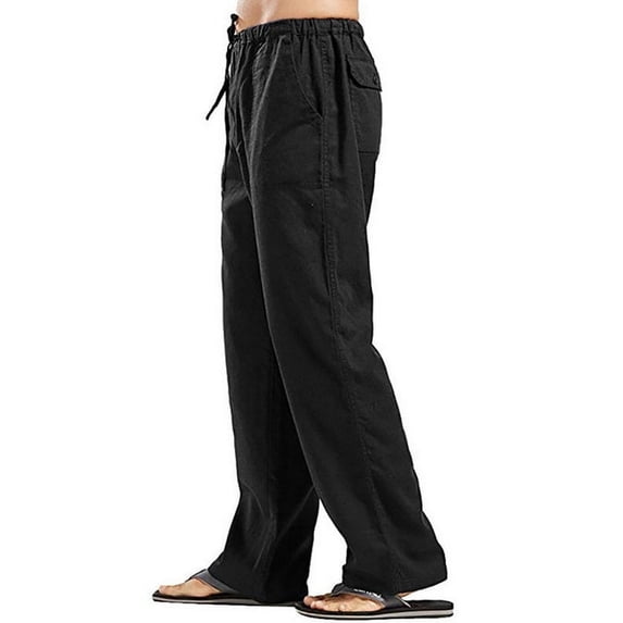 KGPopular Men's Drawstring Elastic Waist Pockets Solid Color Casual Linen Pants
